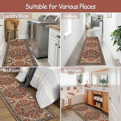 Moynesa Ultra-Thin Washable Runner Rug - 2x7 Low Pile Kitchen Rug Runners for Hallways, Boho Non-Slip Low Pile Indoor Throw Carpet Runner for Living Room Bedroom Bathroom Floor Camper, Brown