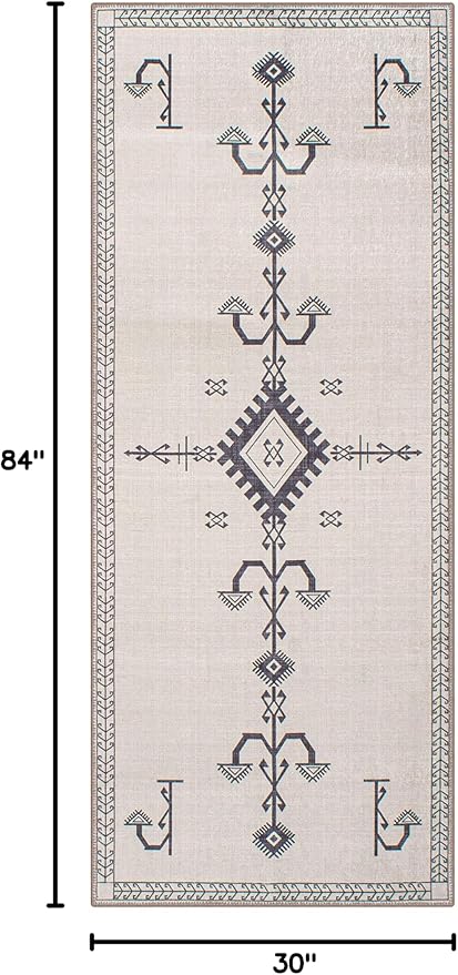 GLN Rugs Contemporary Collection - Machine Washable Area Rug, Contemporary Washable, Non Slip, Low Pile Chenille Rug, Living Room, Bedroom, Kitchen Rug (2'6" x 7' Cream/Anthracite)