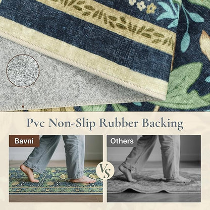 Bavni 2'6''x8 Runner Rug,Microfiber Washable Non-Slip Vintage Floral Rugs,Low Pile Lightweight Carpet for Bedroom,Hallway,Entryway,Kitchen,Bathroom, Tea Green/Blue