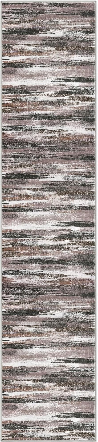 Modern Abstract Runner Rug 2.6x12, Dark Light Brown White Washable Long Kitchen Runner Non-Slip Soft Hallway Rug Runner Thin Print Faux Wool Carpet for Entryway Bedroom Laundry Room Indoor