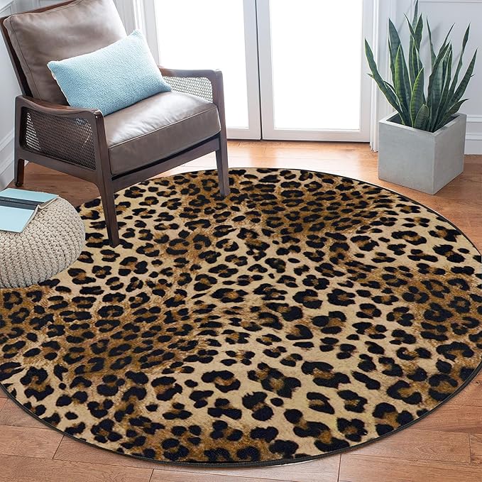 3ft Leopard Print Round Area Rug, Washable Non-Slip Ultra-Soft Low Pile Carpet, Non-Shedding Modern Circle Rug for Bedroom Entryway Kitchen Bathroom Office