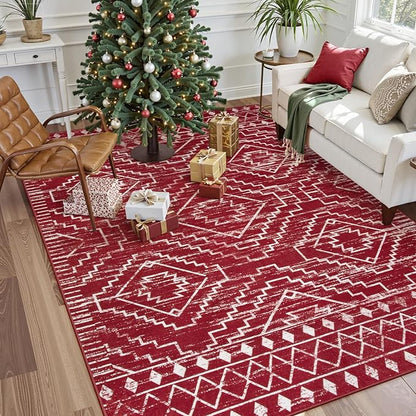 Wonnitar Moroccan Washable 5x7 Rug for Living Room, Soft Chrisrmas Rug for Bedroom, Non-Slip Stain Resistant Geometric Floor Carpet for Dining Table Kitchen Dorm (Red,5'x7')