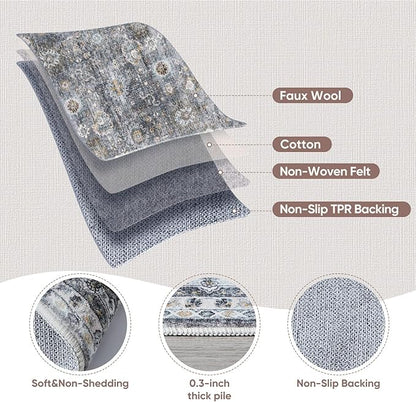 Rugcomf 2x3 Rug Washable Boho Rug Soft Small Area Rug Non-Slip Non-Shedding Faux Wool Vintage Rug for Door Mat, Kitchen, Floor, Entryway, Powder Room (Grey)