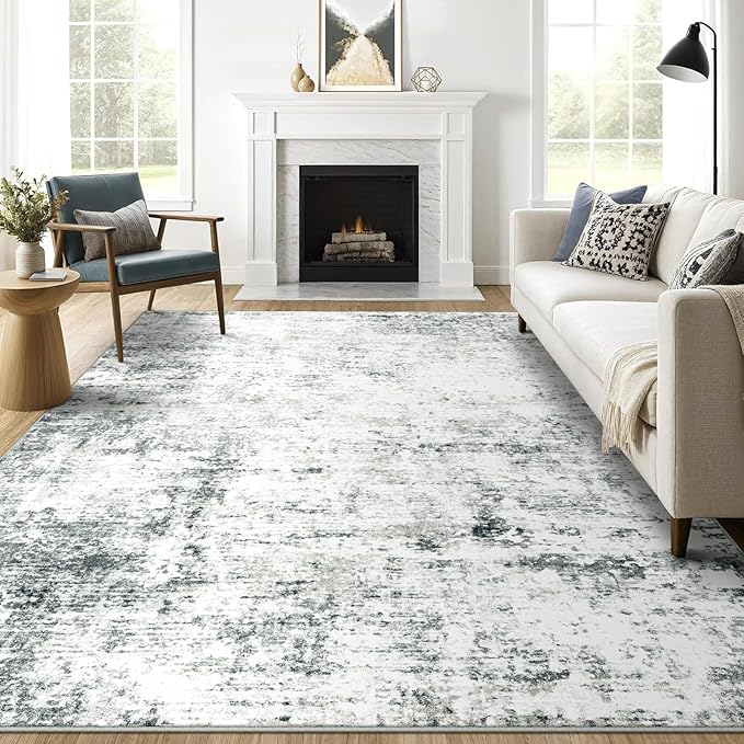 8x10 Machine Washable Area Rug for Living Room, Grey Modern Vintage Abstract Rug Large Non-Slip Low Pile Soft Faux Wool Carpet, Kids and Pets Friendly for Bedroom Dining Room Farmhouse Home Decor Rug