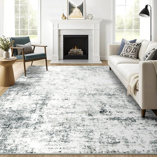 8x10 Machine Washable Area Rug for Living Room, Grey Modern Vintage Abstract Rug Large Non-Slip Low Pile Soft Faux Wool Carpet, Kids and Pets Friendly for Bedroom Dining Room Farmhouse Home Decor Rug