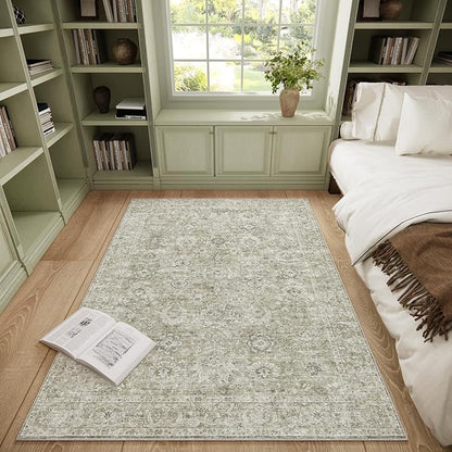 Washable Area Rugs 5'x7' Non-Slip Vintage Boho Distressed Fade Resistant Low Pile Carpet for High-Traffic Living Room, Bedroom & Dining Room