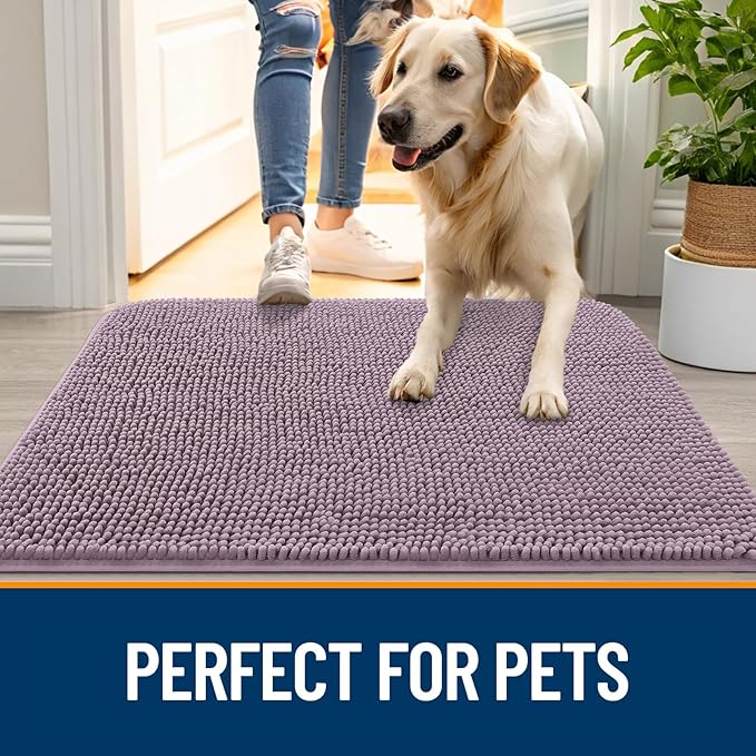OLANLY Dog Door Mat for Muddy Paws 40x32, Absorbs Moisture and Dirt, Absorbent Non-Slip Washable Doormat, Quick Dry Chenille Mud Mat for Dogs, Entry Indoor Entryway Carpet for Inside Floor, Deep Plum
