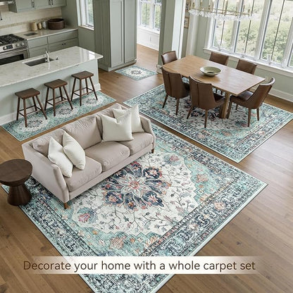 Area Rugs 8'x10' Washable Non-Slip, Floral Vintage Distress Print Pattern Medallion Carpet for Living Room Bedroom Dining Room, Green Navy Blue White Red Teal Colorful