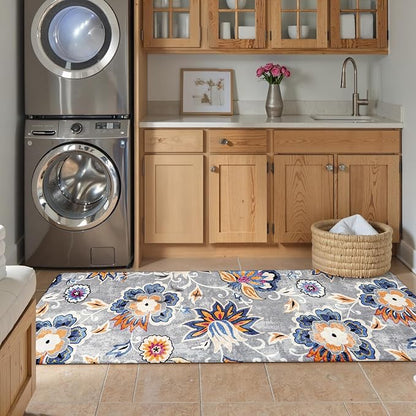 Lahome Floral Hallway Runner - 2x6 Washable Non-Slip Kitchen Runner Rug, Throw Lightweight Soft Bathroom Runner Rug Grey Paisley Print Indoor Carpet Runner for Entrance Bedroom Laundry Living Room