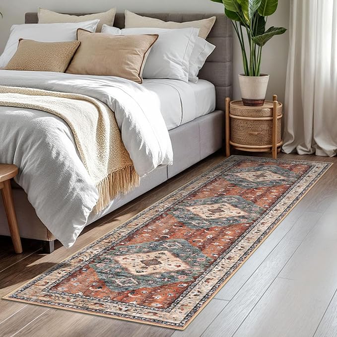 KOZYFLY Runners for Hallways 2x7 Ft Washable Kitchen Runner Rug Boho Runner Rug for Entryway Indoor Rust/Orange/Blue Printed Oriental Faux Wool Floor Carpet Runner for Bedroom Kitchen Hall