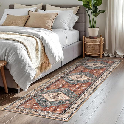 KOZYFLY Runners for Hallways 2x7 Ft Washable Kitchen Runner Rug Boho Runner Rug for Entryway Indoor Rust/Orange/Blue Printed Oriental Faux Wool Floor Carpet Runner for Bedroom Kitchen Hall