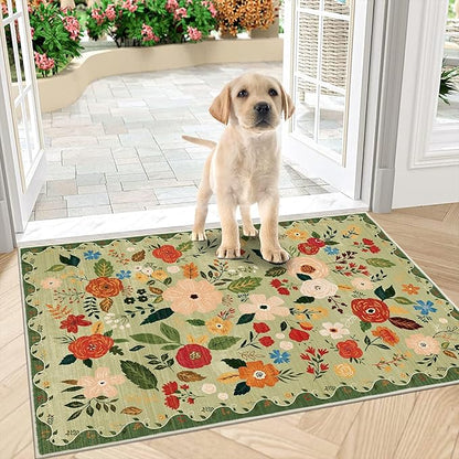 U'Artlines Indoor Door Mat Entrance Rug 2'x3'Soft Non Slip Machine Washable Floral Small Area Rug Carpet for Entryway Kitchen Bathroom Bedroom Green