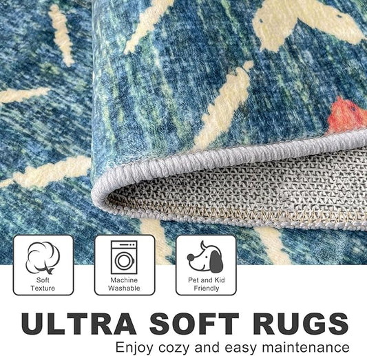 KILOCOCO Hallway Runner Rug 2.6'x10' Runners for Hallways Washable Runner Soft Non Slip Printed Geometric Low-Pile Rugs Runners for Bedroom Kitchen Living Room Boho Rugs, Teal/Blue