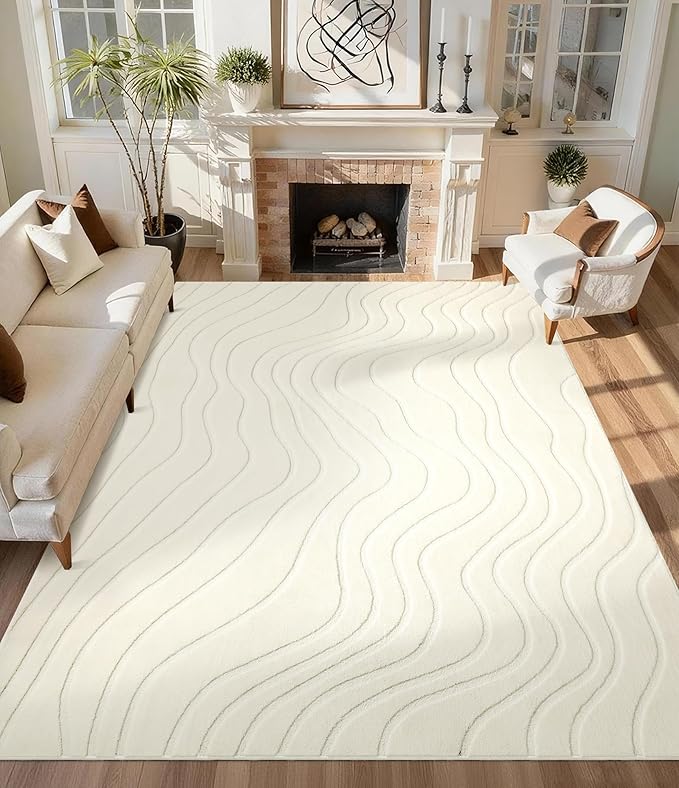 YIHOUSE 5x7 Abstract Line Area Rug, Modern Washable Stain Resistant Rugs Non Slip, Soft Indoor Floor Carpet for Living Room, Bedroom,Dining Room, White