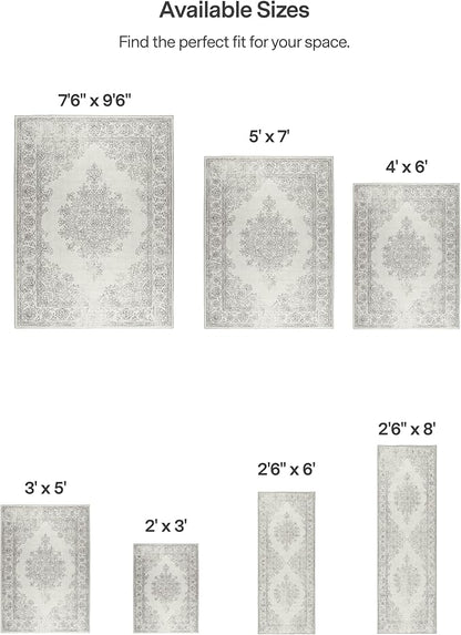 ReaLife Rugs Machine Washable Area Rug - Living Room Bedroom Bathroom Kitchen Entryway Office - Padded Low Pile Stain Resistant Premium - Boho Farmhouse Vintage - Paige - Ivory 5' x 7'