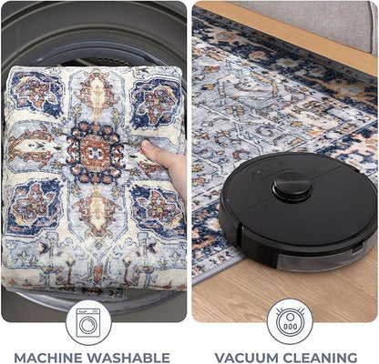 KOZYFLY Runners for Hallways 2x6 Ft Washable Kitchen Runner Rug Boho Runner Rug for Entryway Indoor Printed Oriental Faux Wool Floor Carpet Runner for Bedroom Kitchen Hall, Blue Gray/Cream