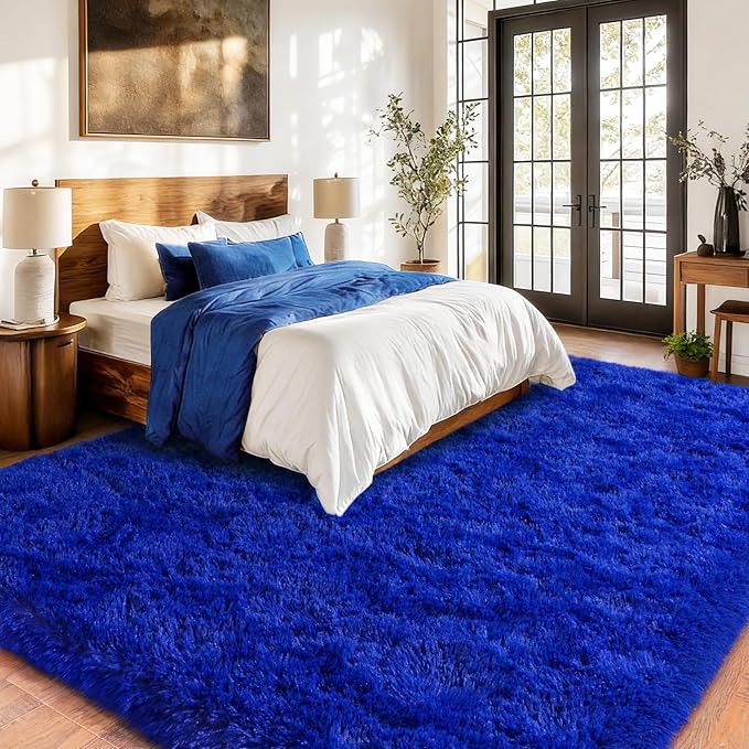 Extra Large 9x12 Feet Fuzzy Rug Blue Fluffy Rug for Living Room, Big Plush Non-Skid Shag Carpet, Soft Shaggy Rugs for Bedroom Indoor Modern Home Decor