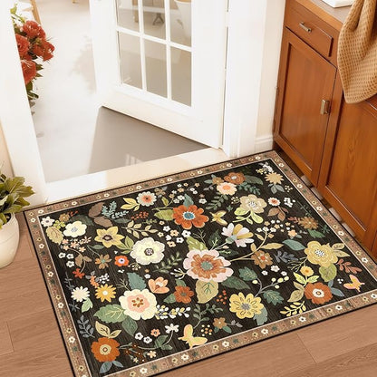 Floral 2x3 Area Rug Machine Washable Soft Print Boho Carpet Non Slip Doormat Low Pile Flower Area Rugs for Living Room Bedroom Nursery Kitchen Dining Room Indoor-Black/Yellow/Red