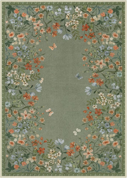 Lahome Boho Floral Green Washable 5x7 Area Rugs for Living Room, Non Slip Rugs for Bedroom, Indoor Throw Dining Room Carpet for Under Table Entryway Kitchen Office(Green,5x7)
