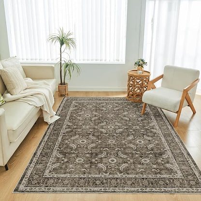 WITSHOCK Living Room Area Rugs 5x7: Soft Non-Slip Backing Washable Rugs Vintage Large Carpet for Bedroom Office Dining Room Kitchen Stain Resistant Home Decor Rug, Dark Brown