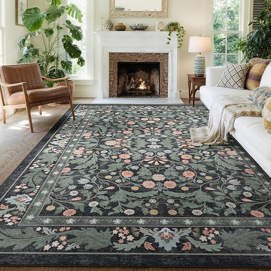 Dark Green Floral 8x10 Area Rugs for Living Room Large Washable Rug Vintage Forest Low Pile Non Slip Stain Resistance Soft Carpet for Dining Room, Bedroom, Kids Room, Nursery Room, Playroom