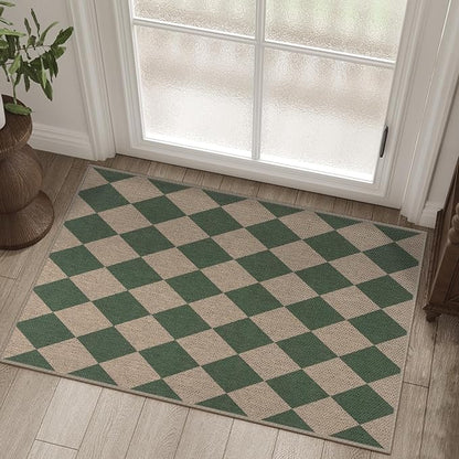 Easy Jute Checkered Entryway Rug, 2x3 Green Modern Indoor Outdoor Doormat, Washable Non-Slip Neutral Small Kitchen Rug Farmhouse Diamond Throw Rugs for Entrance Bedroom Bathroom