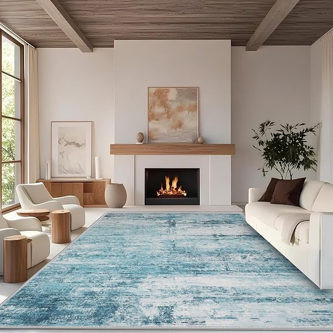 10x12 Abstract Area Rugs for Living Room, Modern Teal Grey Washable Indoor Rug for Bedroom, Soft Large Non-Slip Carpet for Dining Room Home Office Farmhouse Decor - Teal+Gray