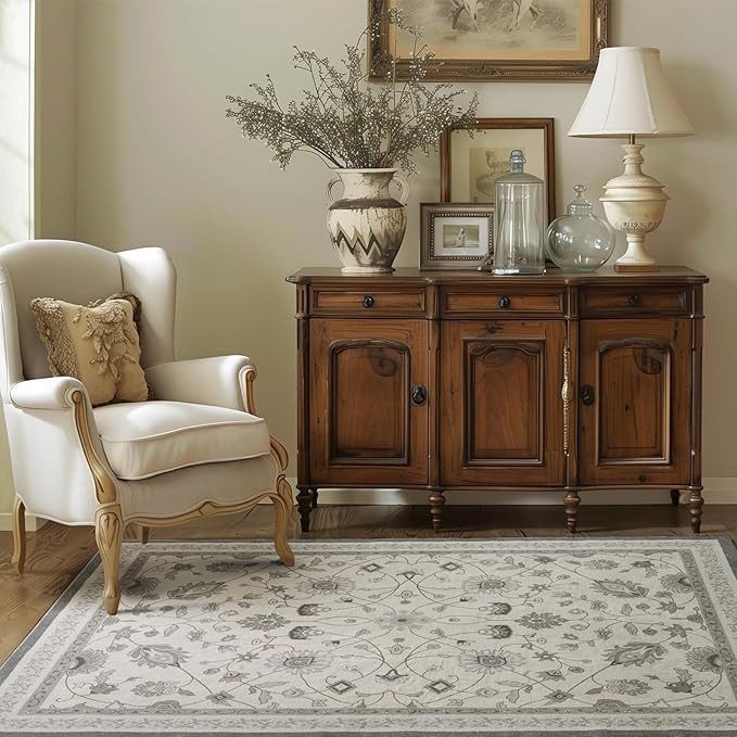 EVERGRACE Area Rugs for Living Room 4x6, Boho Floral Faux Wool Indoor Outdoor Rugs, Washable Rugs for Bedroom Entryway Dining Room Hallyway, Low Pile Floor Mat Carpet for Home Decor, Cool Gray