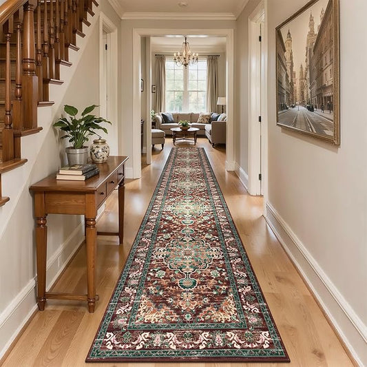 U'Artlines 3' x 18' Boho Hallway Runner Rug, Rust Non Slip Washable Vintage Farmhouse Accent Rug Carpet for Kitchen Entryway Laundry and Living Room (Rust＆Teal)