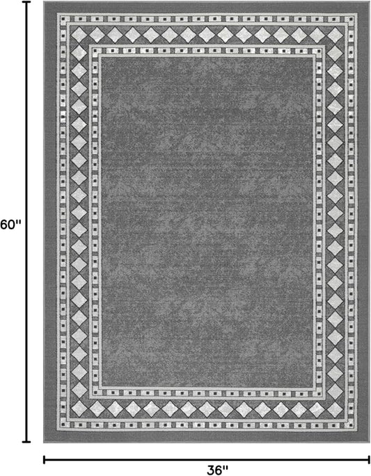 Antep Rugs Alfombras Modern Bordered 3x5 Non-Skid (Non-Slip) Low Profile Pile Rubber Backing Indoor Area Rugs (Gray, 3' x 5')