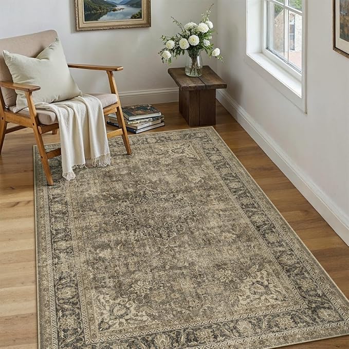 4x6 Washable Brown Area Rug Vintage Entryway Office Carpet Non-Slip Soft Low Pile Distressed Indoor Throw Rug for Living Room Bathroom Dining Room