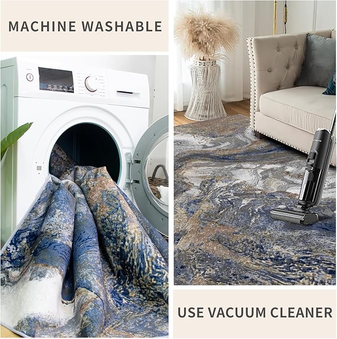 Modern Rugs Machine Washable for Entryway: 2x3 Blue Marble Small Area Rugs Non-Slip Non-Shedding - for Indoor Bathroom Bedroom Bedside