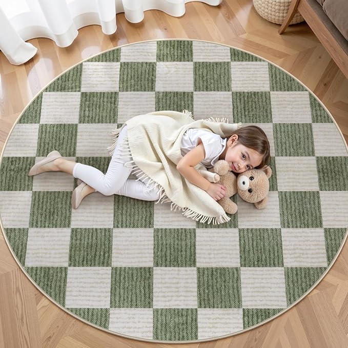 LIVEBOX Checkered Round Rug 6 Ft Washable Area Rug for Playroom, Kids Non-Slip Neutral Classic Circle Rug Geometric Large Carpet Soft Boys Rug for Classroom Dorm Bedroom(Sage Green,180R)
