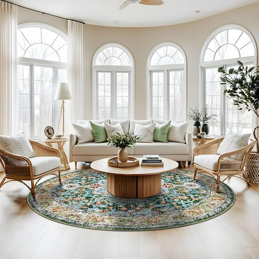 U'Artlines Boho Vintage Round Area Rug 8ft Machine Washable Low Pile Soft Floor Carpet Non Slip Non Shedding Accent Rug for Living Room Bedroom Entryway Dining Room Office Green