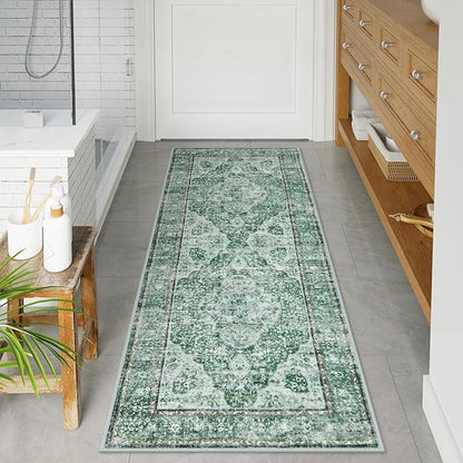 Uphome Bathroom Runner, Distressed Tribal Farmhouse Green Bathroom Mat, Large Bath Rugs Non Slip Washable, Oriental Retro Boho Bath Mat Runner for Bathtub Sink Laundry, 24x59 inch