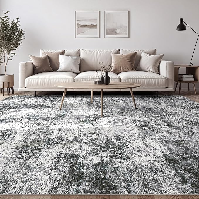 Area Rug Living Room Rugs - 10x11 Washable Large Soft Indoor Neutral Modern Abstract Low Pile Rug Carpet for Bedroom Dining Room Farmhouse Home Office - Grey