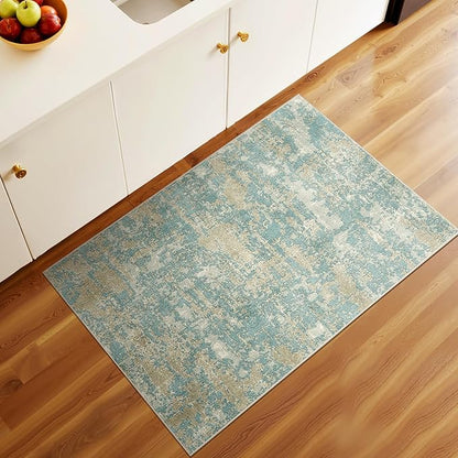 WITSHOCK Washable 2x3 Entryway Area Rug: Kitchen Rugs Runner Abstract Soft Floor Mat Non-Slip Stain Resistant Indoor Carpet for Bathroom Living Room,Teal Brown