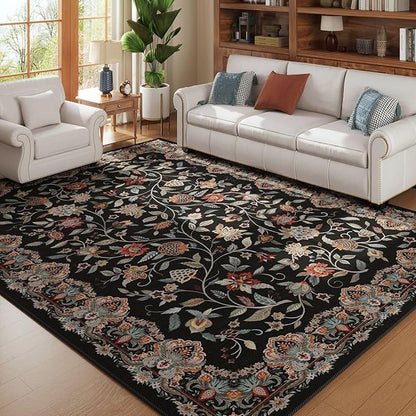 Rugcomf Vintage Paisley Rugs for Living Room 5'x7' - Machine Washable Area Rug, Non-Slip Low Pile Floral Carpet for Bedroom, Dining Room, Farmhouse, Office, Kids Playroom - Black