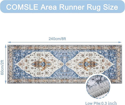 COMSLE Boho Runner Rug, 2' x 8' Washable Area Rugs for Hallway Faux Wool Small Kitchen Distressed Throw Rug Non-Slip Laundry Room Carpet Runner for Entryway Indoor Door Mat Bedroom