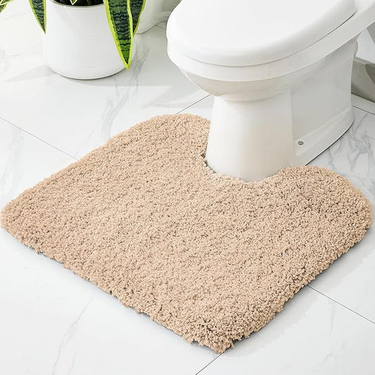 Beige Toilet Rug 22x24 Non Slip Fluffy Toilet Floor Mat U Shaped Washable Bathroom Contour Rug for Toilet Absorbent Thick Toilet Carpet