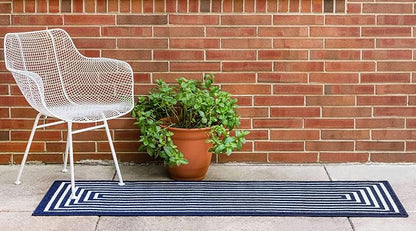 Unique Loom Sabrina Soto Outdoor Collection Geometric, Modern, Vibrant, Carved Area Rug (2' 0 x 8' 0 Runner, Navy Blue/ Ivory)