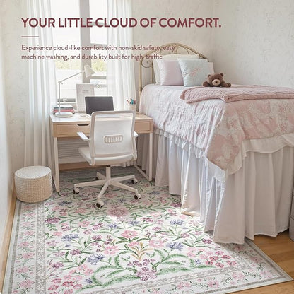Lahome Boho Purple Floral 5x7 Area Rugs, Washable Rugs for Bedroom Nursery Decor, Soft Non-Slip Lavender Carpet for Kids Room Girls Playroom Living Room, Pale Lilac/Pink