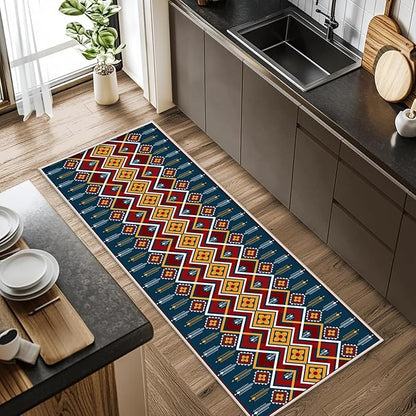 Dark Blue Runner Rug, 1.3x7ft Red Yello Diamond Hallway Decor Carpet, Corridor & Foyer Long Accent Rug, Entrance Non-Slip Mat Washable Rugs, Southwestern Stylish Home Decor Runner