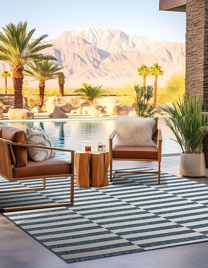 Unique Loom Outdoor Striped Collection Area Rug - Striped (5' 3" Square Blue/Ivory)