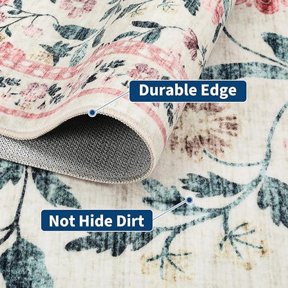 GarveeHome Washable Runner Rug 2.5 x 8 Non-Slip Non-Shedding Soft Vintage Bedside Low Pile Farmhouse Floral Carpet, Indoor Foldable Printed Entryway Rug for Hallway Kitchen, Pink