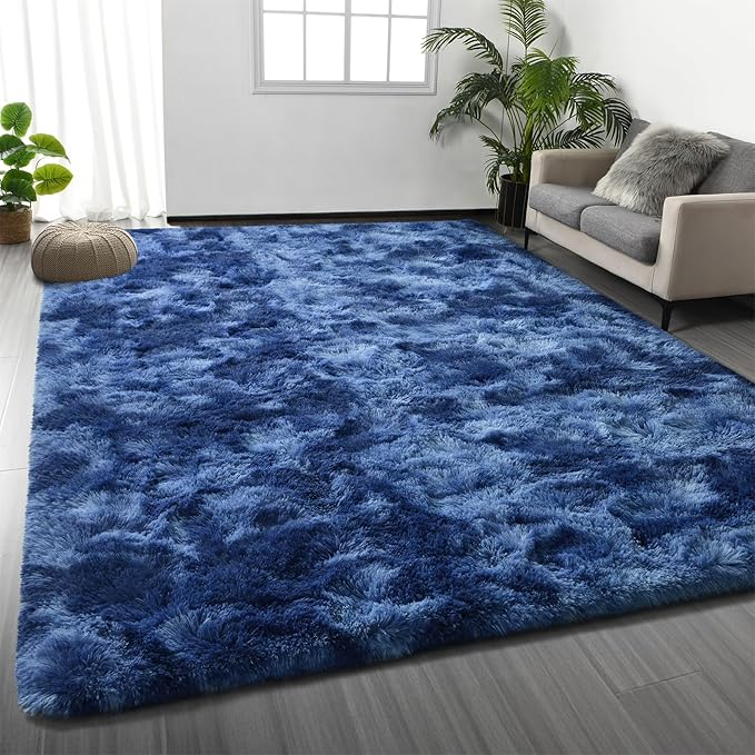 Large Shag Area Rugs 5 x 8, Plush Fuzzy Rugs for Living Room, Ultra Soft Fluffy Furry Rug for Bedroom, Indoor Carpet Nursery Rugs for Kids Room Home Decor, Tie-Dyed Navy Blue
