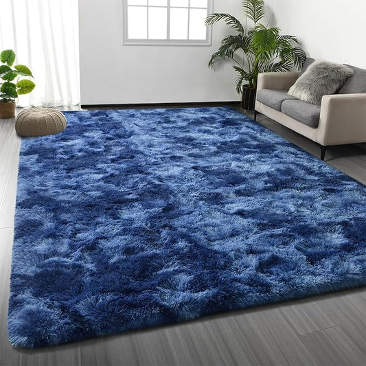 Large Shag Area Rugs 8 x 10, Plush Fuzzy Rugs for Living Room, Ultra Soft Fluffy Furry Rug for Bedroom, Indoor Carpet Nursery Rugs for Kids Room Home Decor, Tie-Dyed Navy Blue