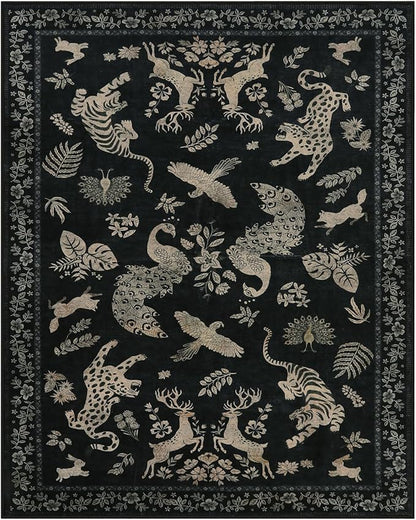 Moynesa Vintage Animal Washable Area Rugs 8x10, Retro Black Gold Area Rug for Living Room Bedroom Dining Room Office Study, Low Pile Soft Non Slip Stain-Resistant Carpets for Home Decor