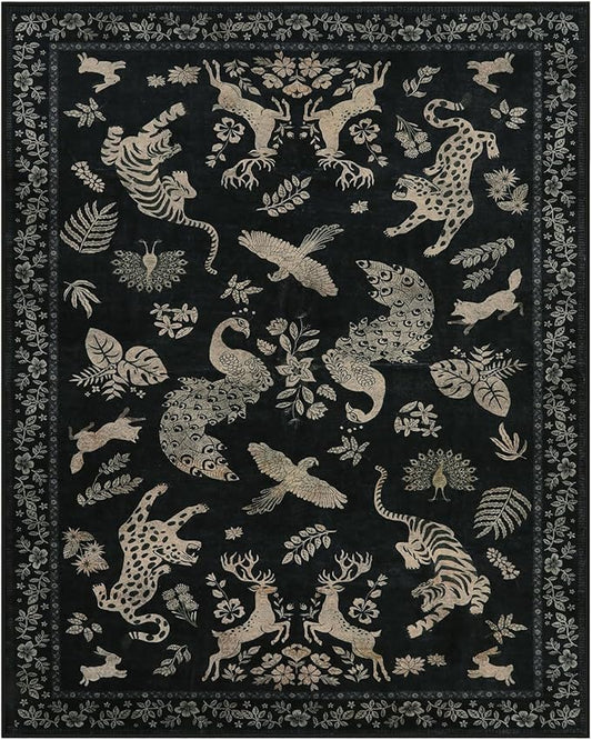 Moynesa Vintage Animal Washable Area Rugs 8x10, Retro Black Gold Area Rug for Living Room Bedroom Dining Room Office Study, Low Pile Soft Non Slip Stain-Resistant Carpets for Home Decor