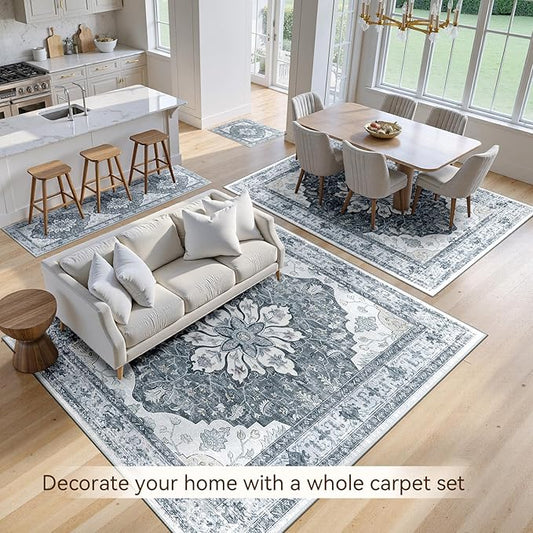 Area Rugs 7'x9' Washable Non-Slip, Floral Vintage Distress Print Pattern Medallion Carpet for Living Room Bedroom Dining Room, Light Gray Grey White